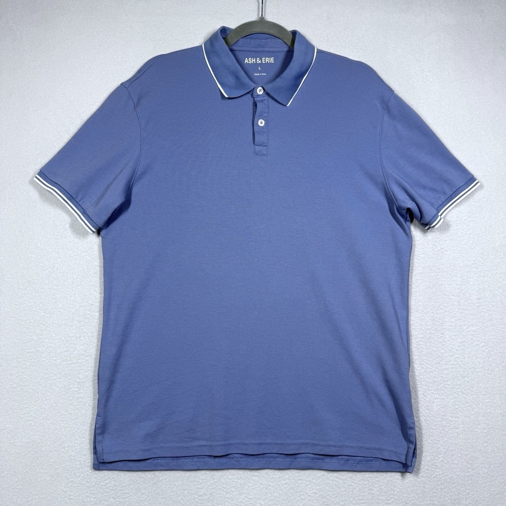 Ash & Erie Polo Shirt Mens Large Blue Tipped Short Sleeve Stretch Pima Knit